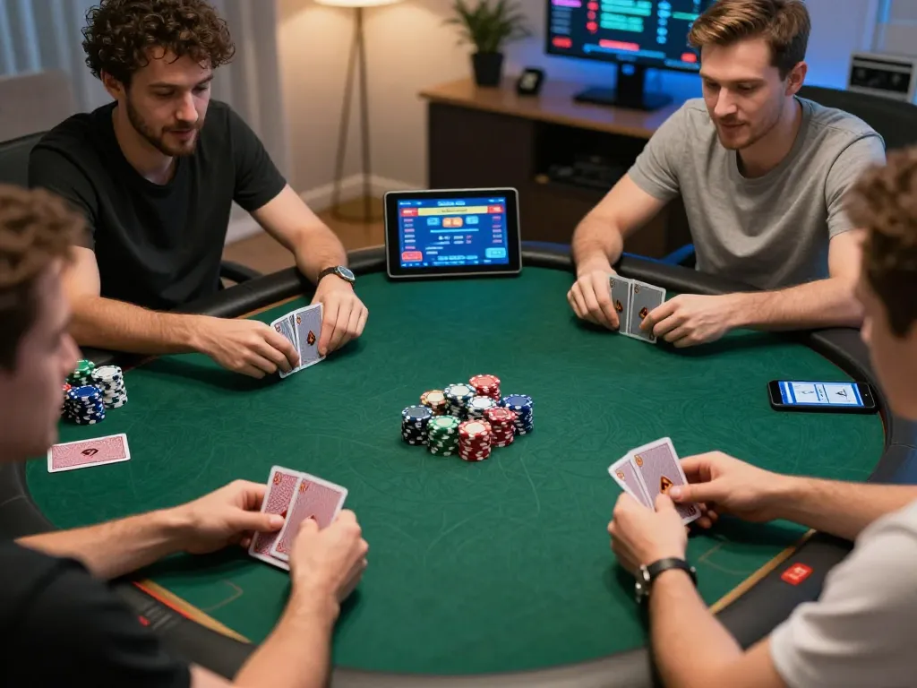 Players engaging in a thrilling online poker game at home with FIVE88 casino graphics on screens.