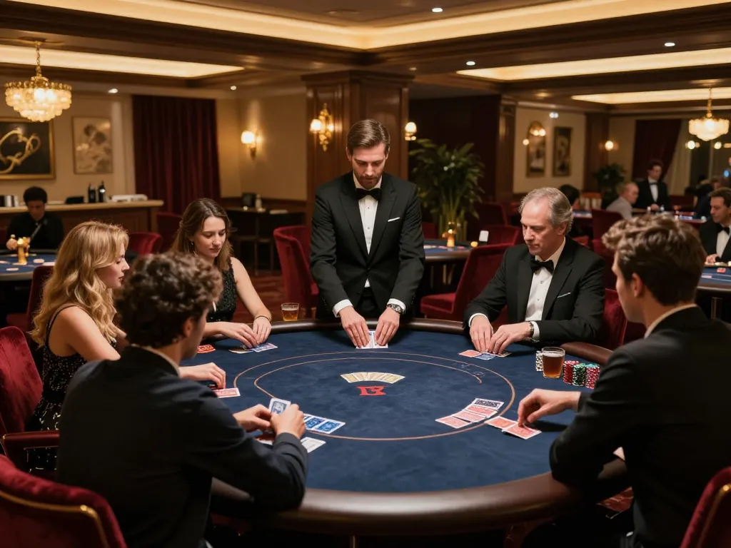 VIP79 players engaged in an intense poker game in an upscale casino, capturing the excitement of gaming.