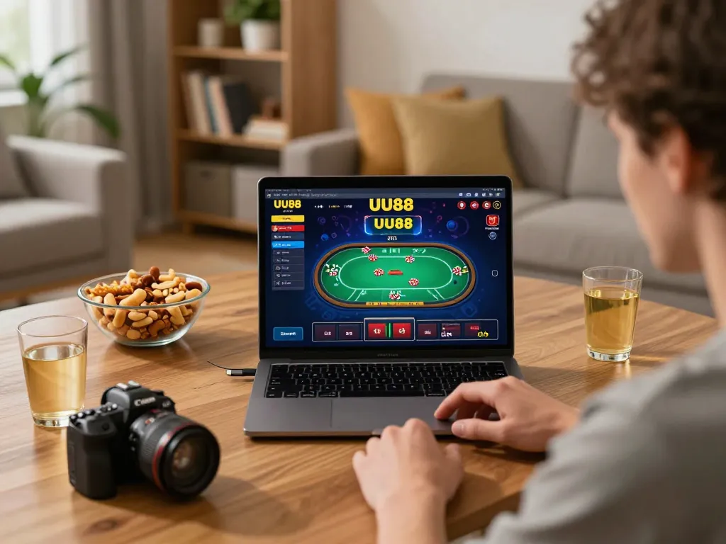 Player enjoying UU88 online poker at home, emphasizing strategic gameplay in a cozy setting