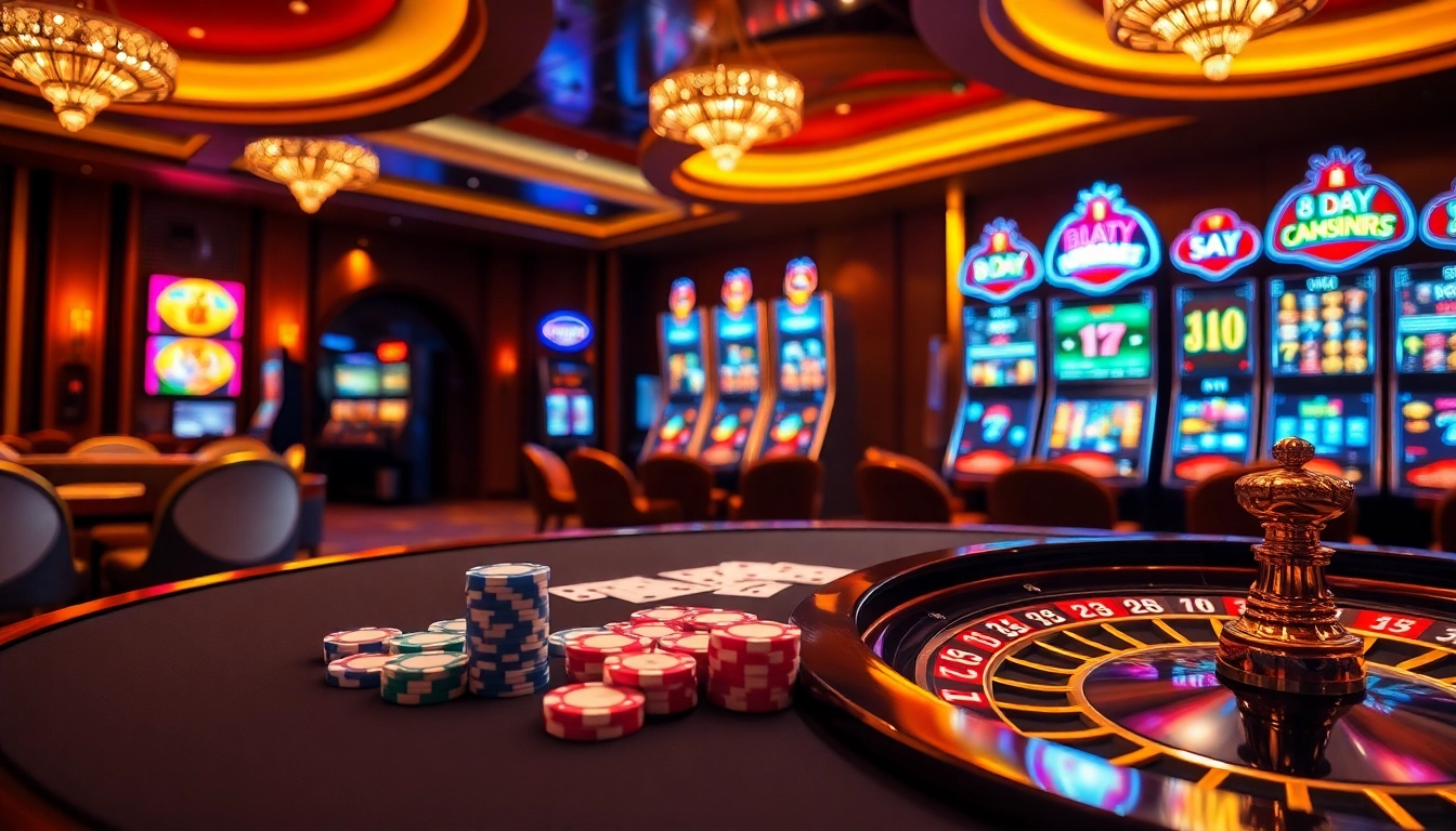 8DAY casino scene showcasing vibrant slot machines and poker table excitement.
