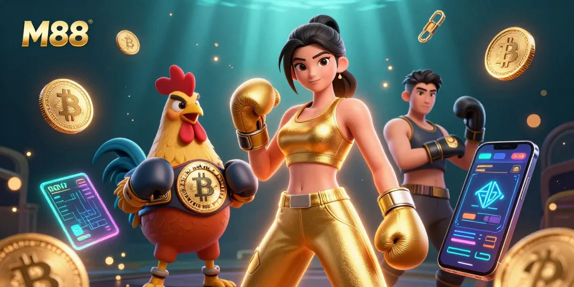 M88 celebrates online gaming with a dynamic scene showcasing a woman, championship rooster, and crypto elements in action.