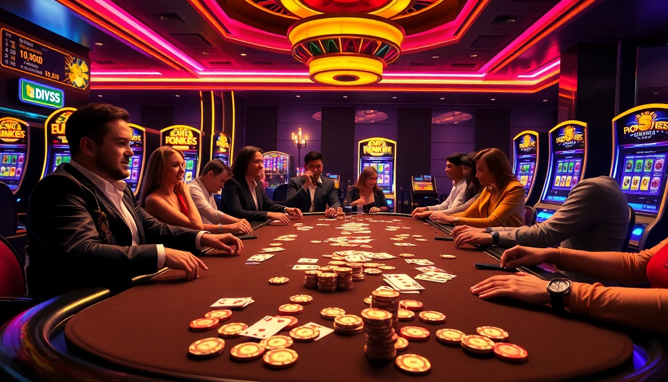 A dynamic poker casino scene showcasing Kèo nhà cái 5 odds with players and neon lights.