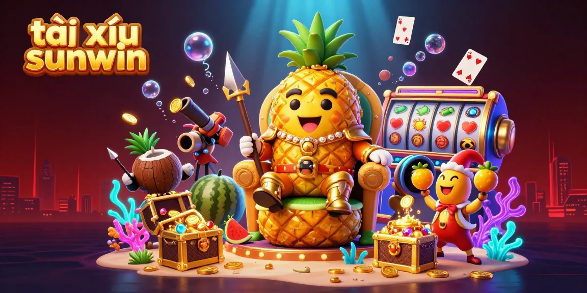Tài xỉu sunwin reveals an exciting underwater casino scene featuring a pineapple king, treasure, and vibrant game elements.