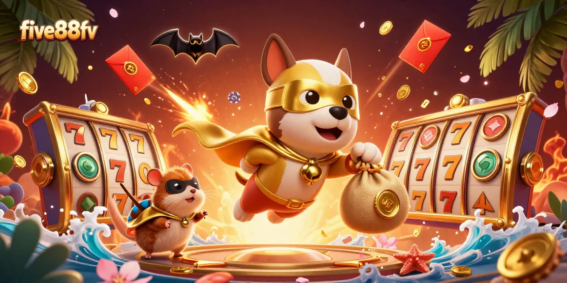 Experience thrilling gameplay with five88fv featuring a superhero dog, jackpot reels, and festive elements.