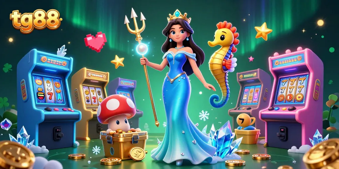 Engage with tg88's vibrant slot gaming atmosphere, featuring stunning visuals of underwater characters and arcade elements.
