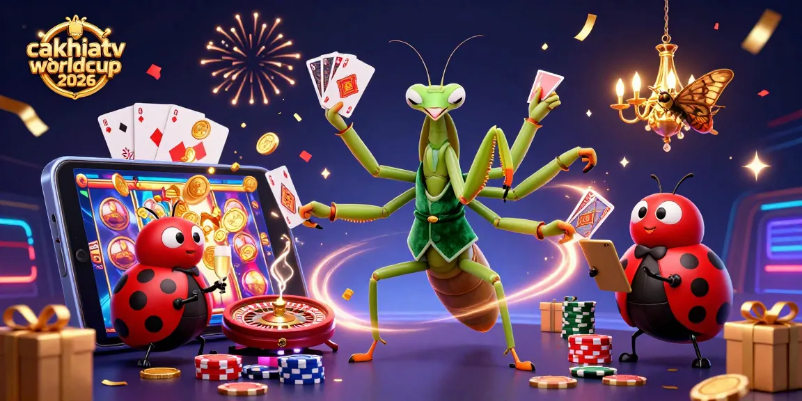 CakhiaTV trực tiếp Worldcup 2026 showcasing a lively digital casino scene with colorful slots and festive elements.