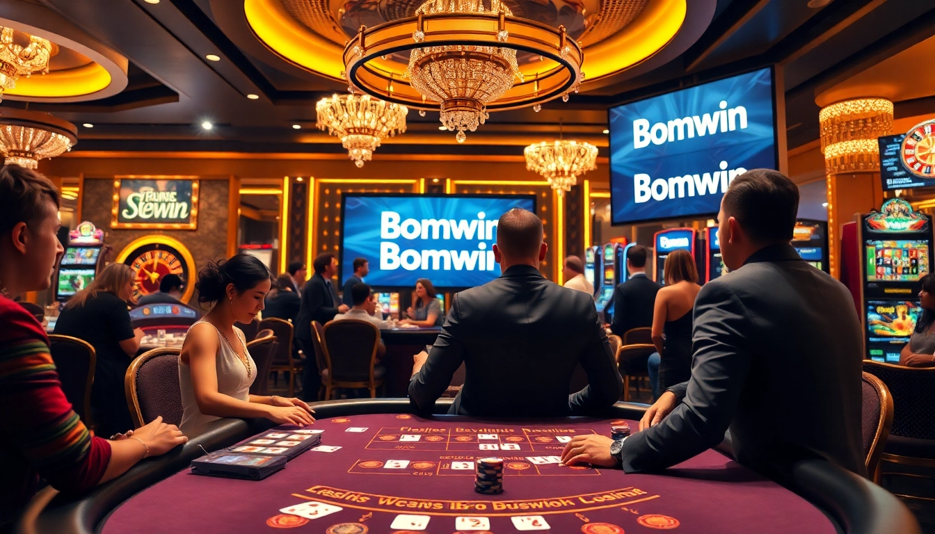 Bomwin casino scene featuring a luxurious blackjack table, vibrant chips, and engaged players.