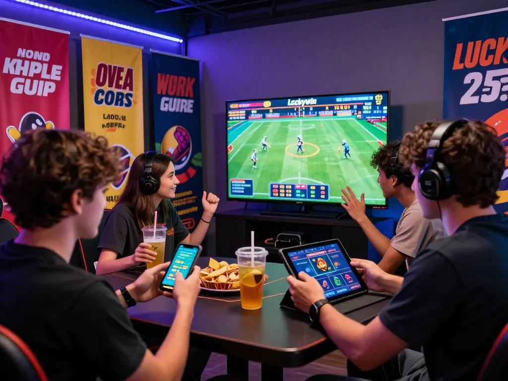 Friends enjoying a thrilling gaming experience at Luckywin, placing bets on sports and exploring casino games.