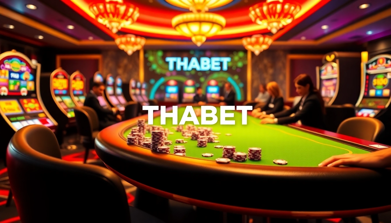 Play exciting games at THABET's elegant casino table with vibrant slot machines and poker chips.