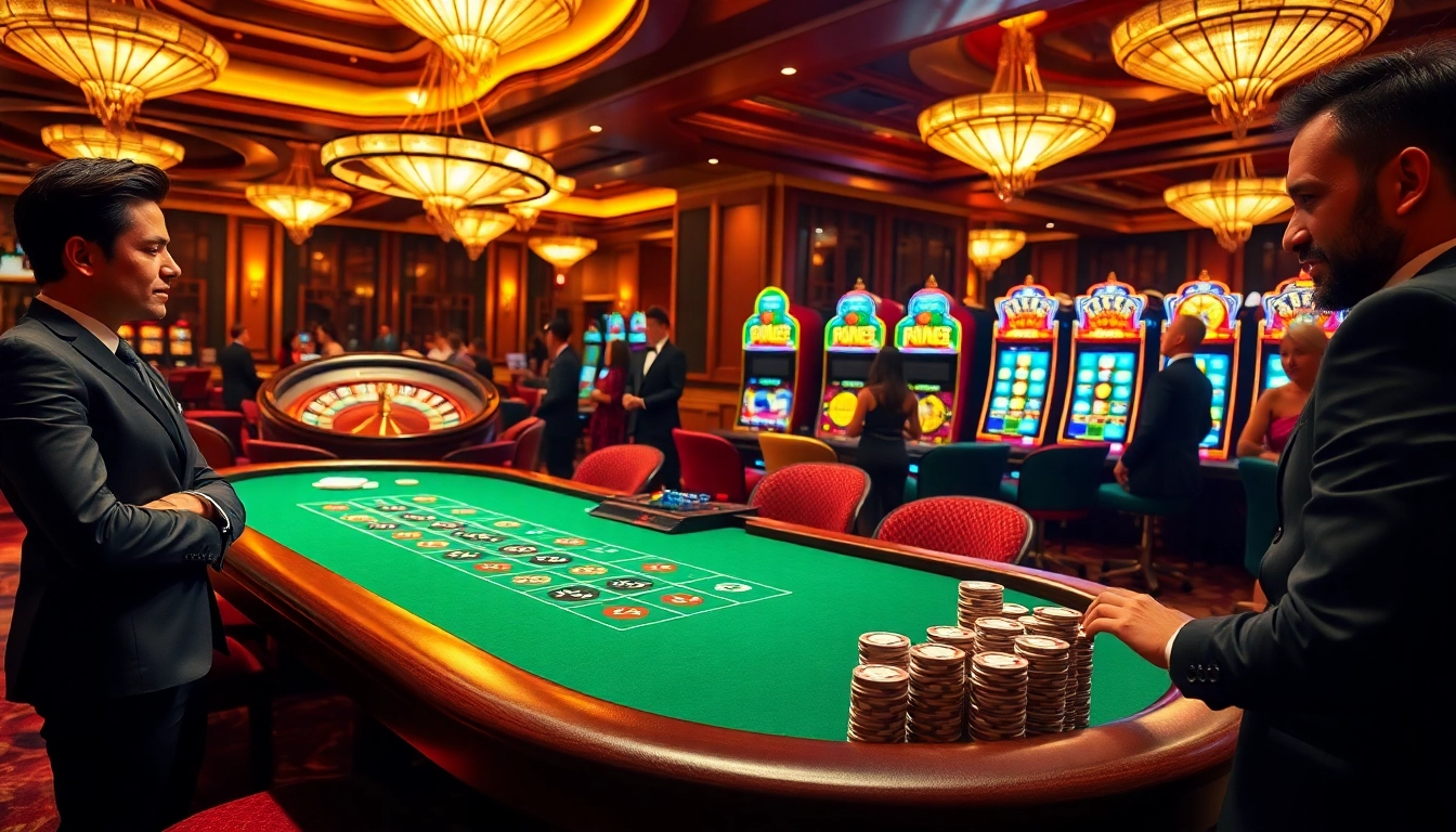 C168 gameplay excitement at a luxurious casino with roulette and blackjack tables.