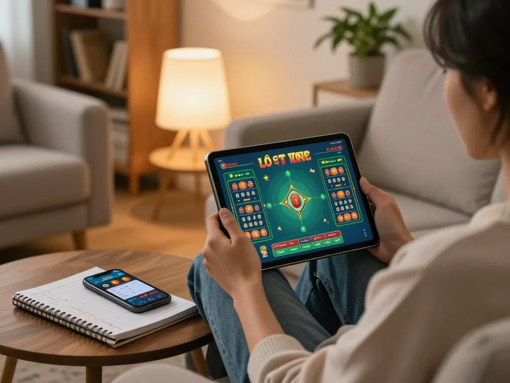 Lô đề trực tuyến gameplay on a tablet in a cozy home environment with strategic notes visible.