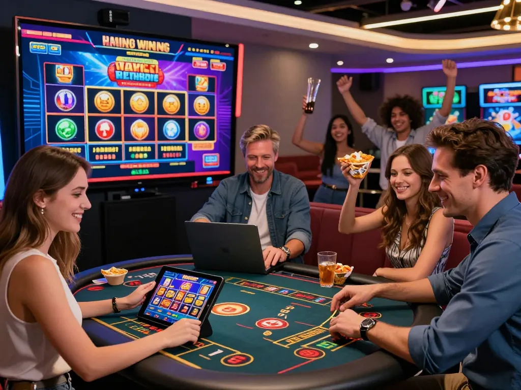 Engaged players enjoying the interactive online gaming platform 73H with diverse games and a lively casino atmosphere.