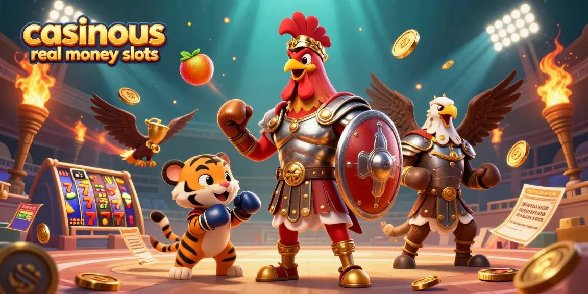 Engage with casinous real money slots in an exciting 3D scene featuring a gladiator rooster and dynamic gaming elements.