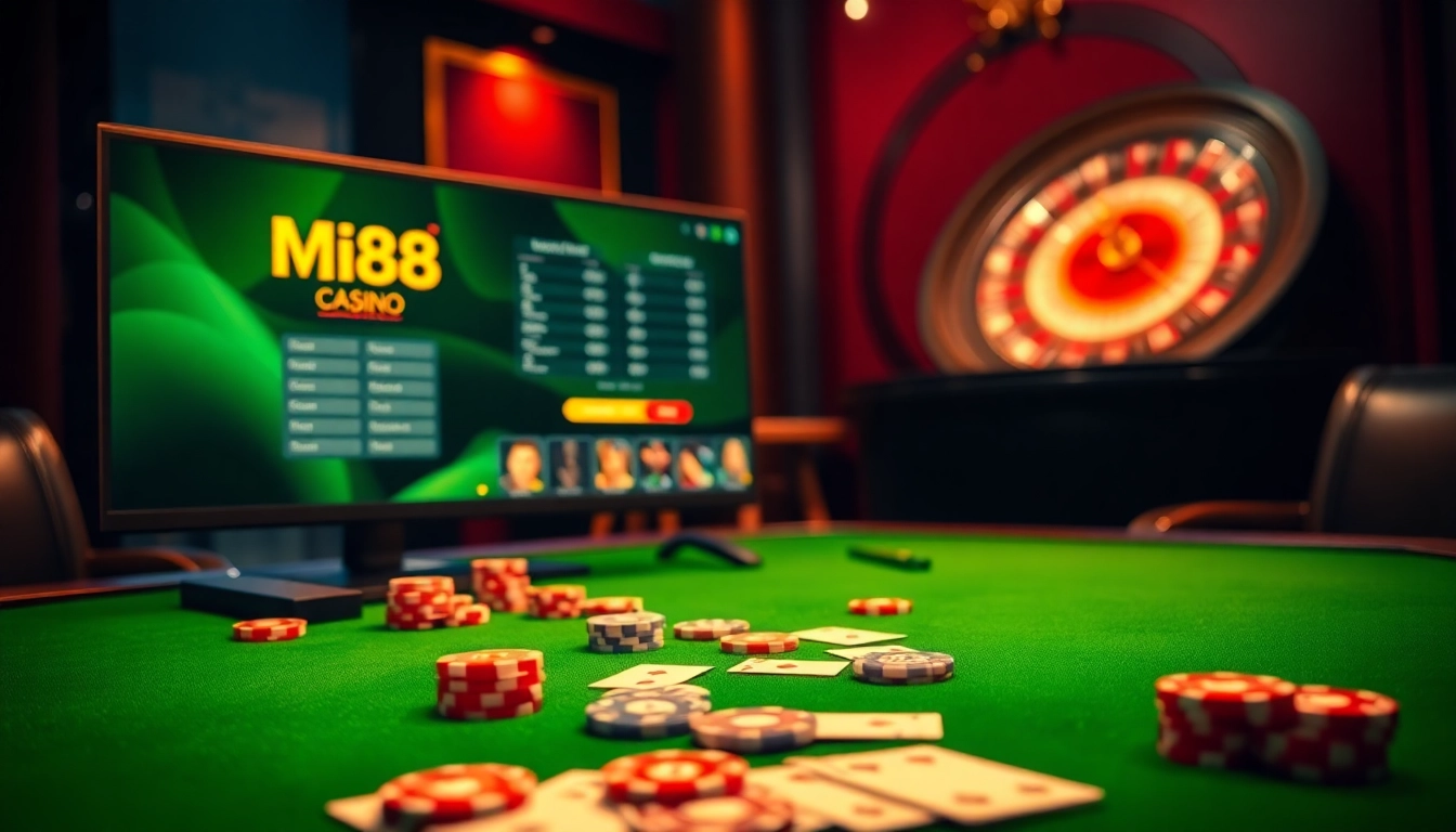 Players engaging in high-stakes action at MI88 online casino with colorful cards and chips.