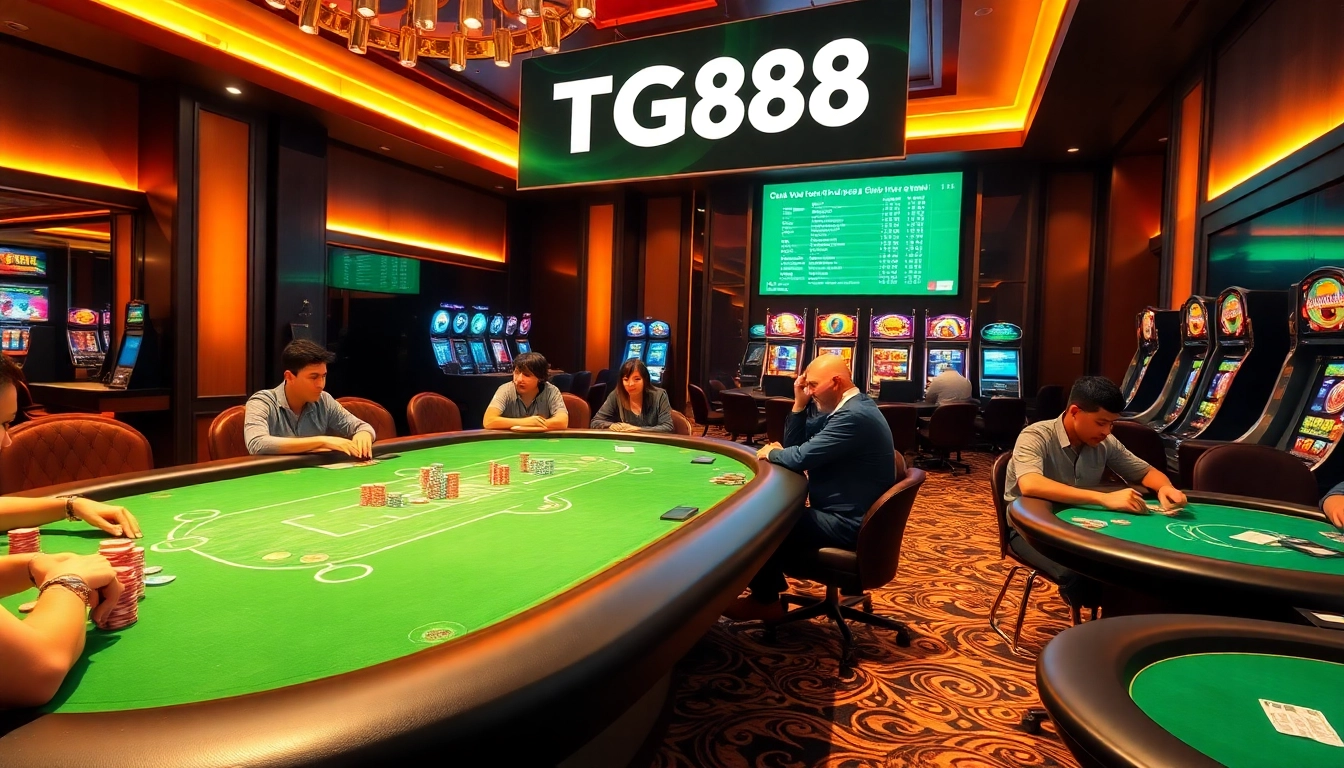 Experience thrilling gameplay at TG88's vibrant casino, featuring high-stakes poker and colorful slot machines.