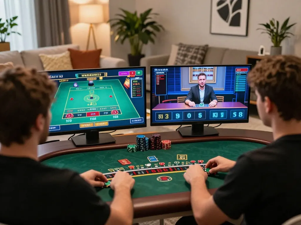 Engaging in online blackjack with KUWIN platform from home, showcasing vibrant gaming setup