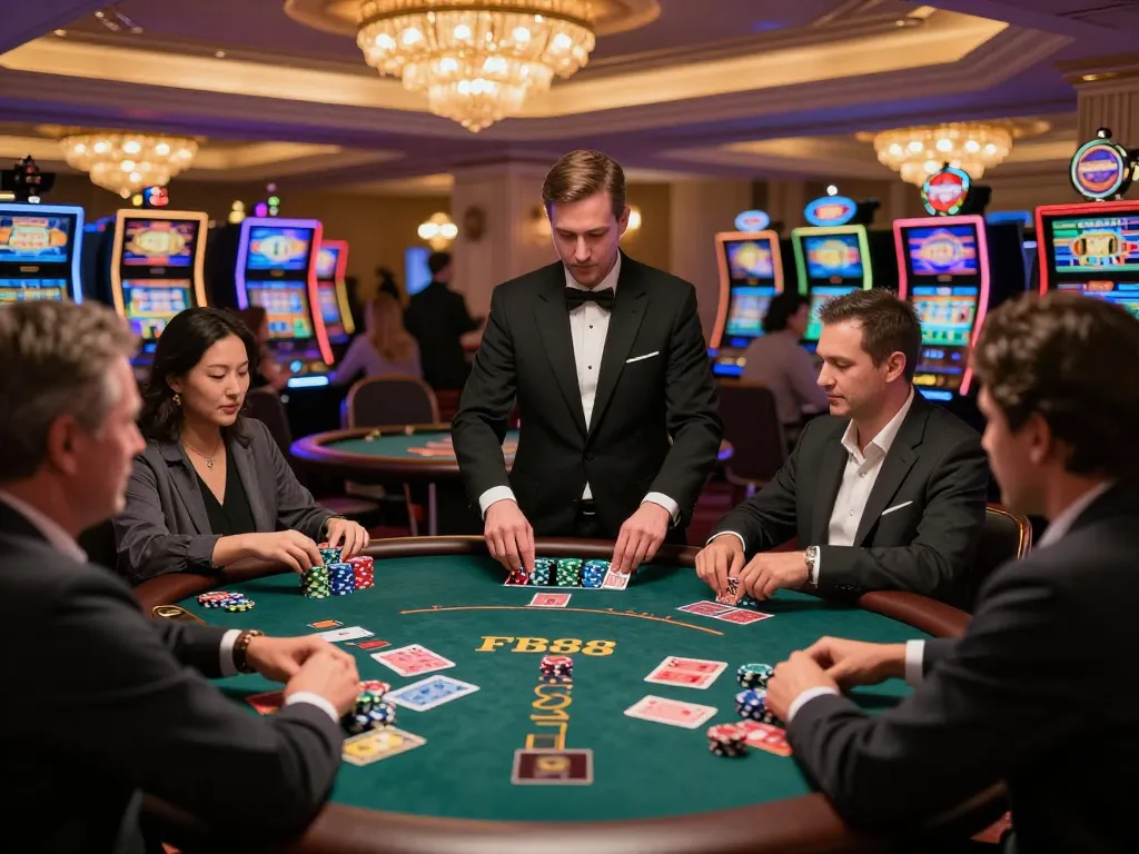 FB88 players enjoying dynamic blackjack action on a vibrant casino floor with professional dealers.