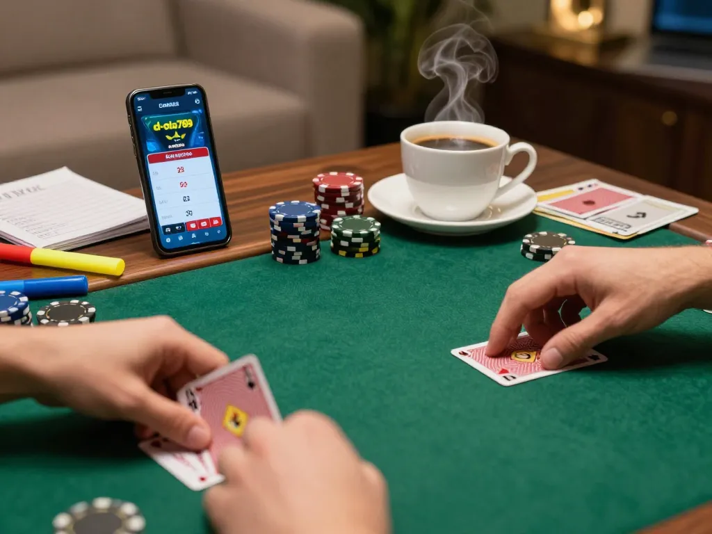 Dola789 online player engaging with poker game interface on smartphone in comfortable home setting.