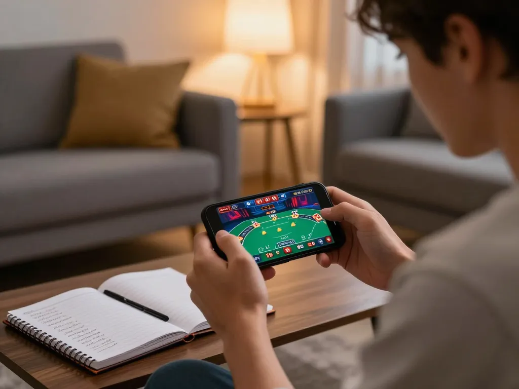 Rik88 player engaged in real-time betting on casino app in a cozy home setting