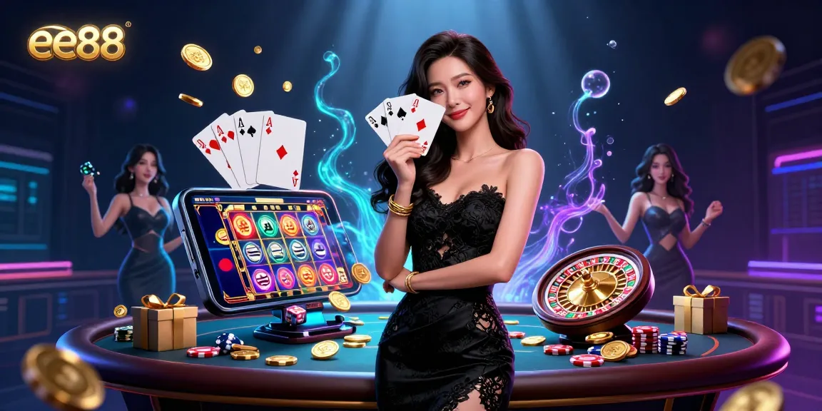 Experience thrilling gameplay at ee88, showcasing a stunning casino scene with cards and vibrant slot game elements.
