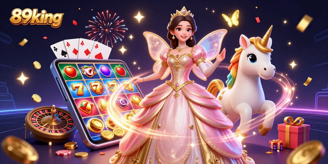 Experience vibrant gaming with 89king as an enchanting princess and golden unicorn celebrate casino wins.