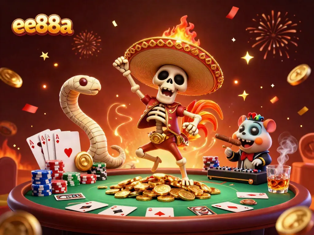 Experience the excitement at ee88a with vibrant casino characters amidst a dynamic poker scene.