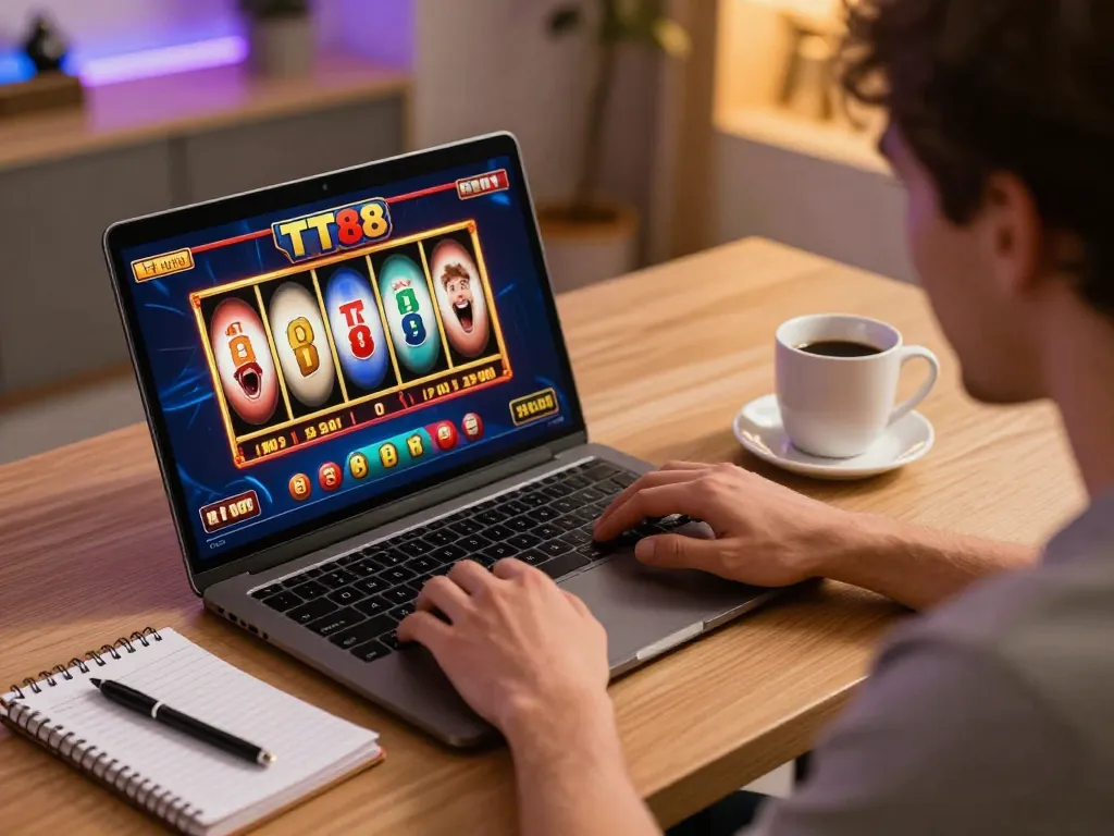 Engaged player strategizing while playing TT88 slots online, showcasing bankroll management notes and focused atmosphere