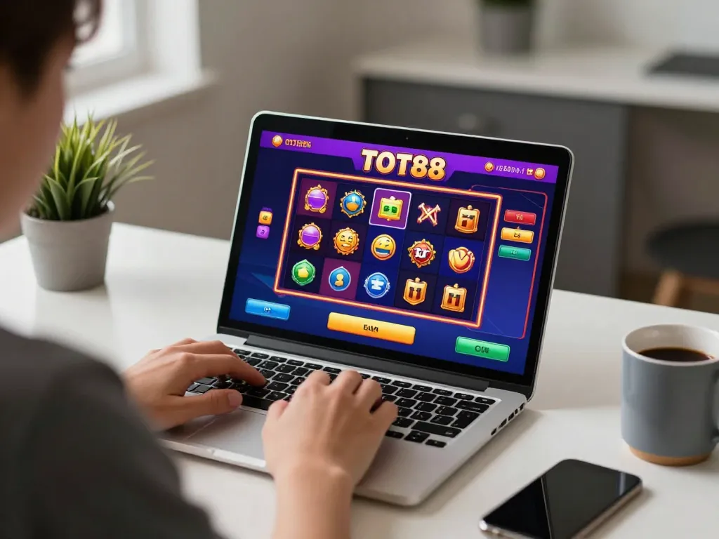 Engaging gameplay on TOT88 online casino app from stylish workspace, showcasing excitement and strategy.