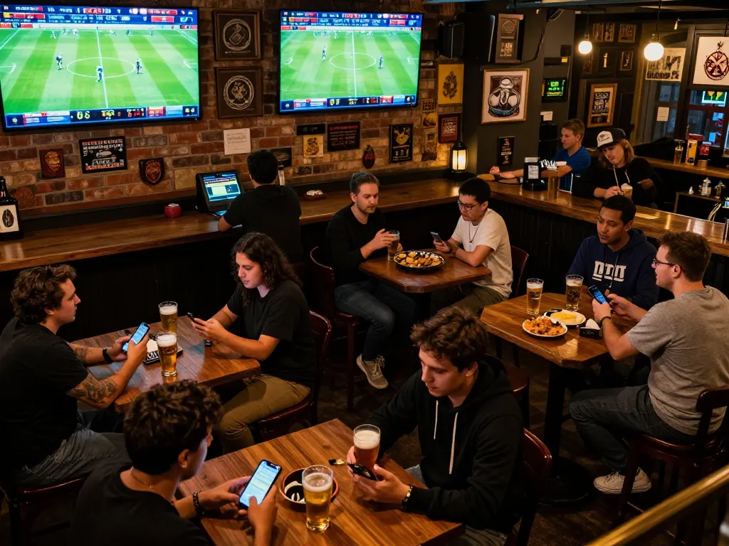 CakhiaTV sports bettors enjoying live matches in a vibrant bar atmosphere.