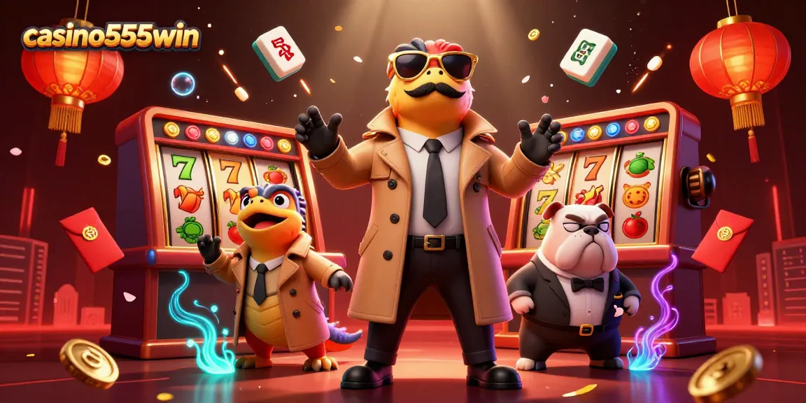 Experience casino555win with raptors sneaking into a VIP lounge amidst vibrant slots and confetti.
