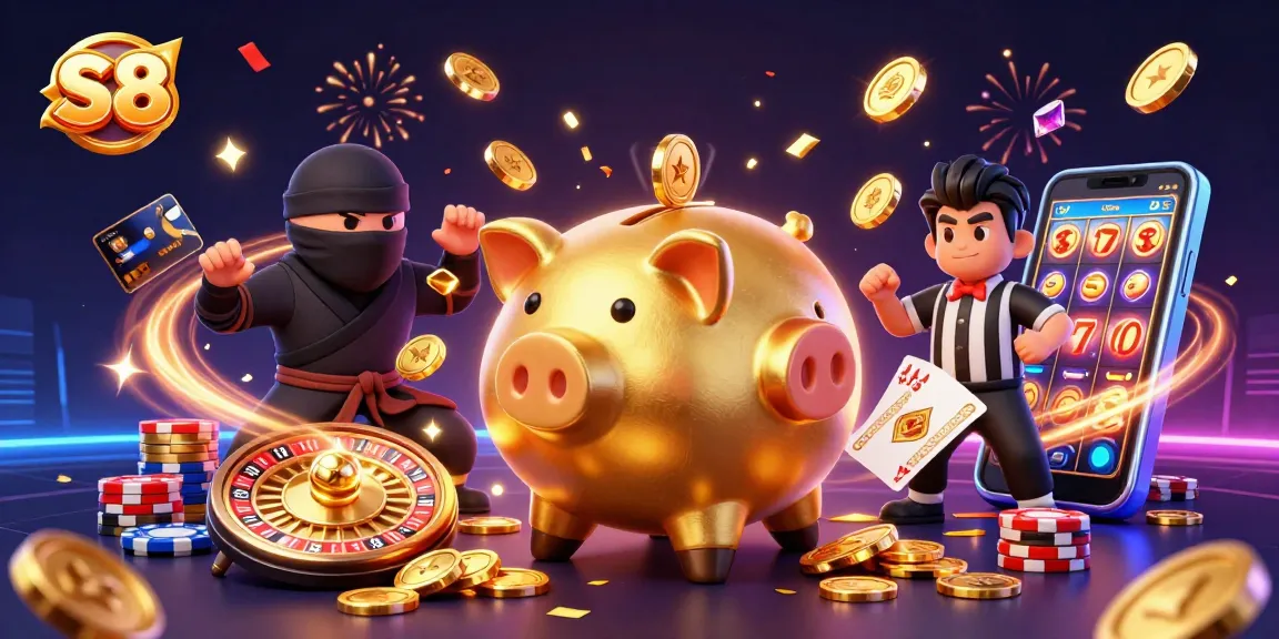 S8 players betting in an exciting casino scene with a golden piggy bank sumo, showcasing thrilling games and jackpots.