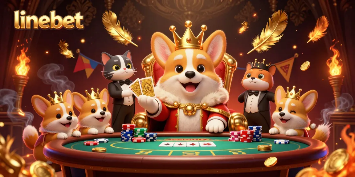 Engage in thrilling action at linebet with a royal poker scene, showcasing corgis on a throne of poker chips.