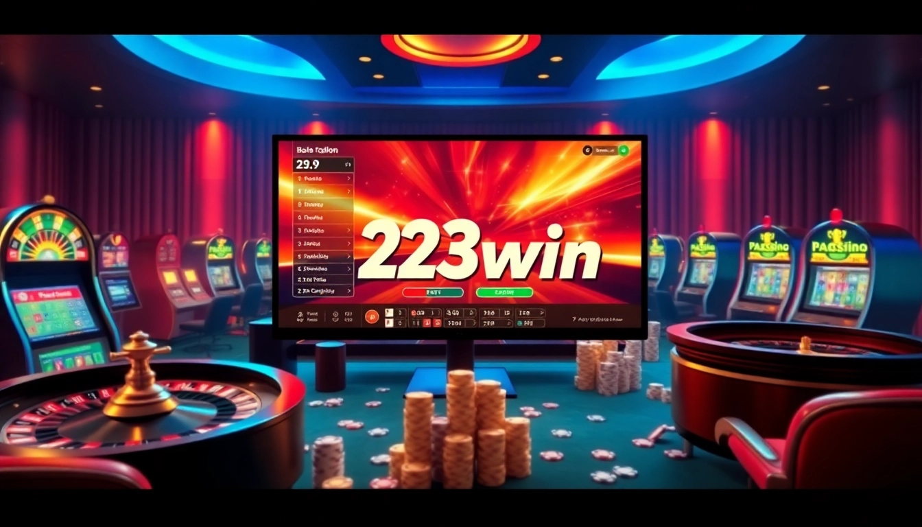 Experience the thrill of 23win with vibrant casino visuals featuring roulette wheels and slot machines.