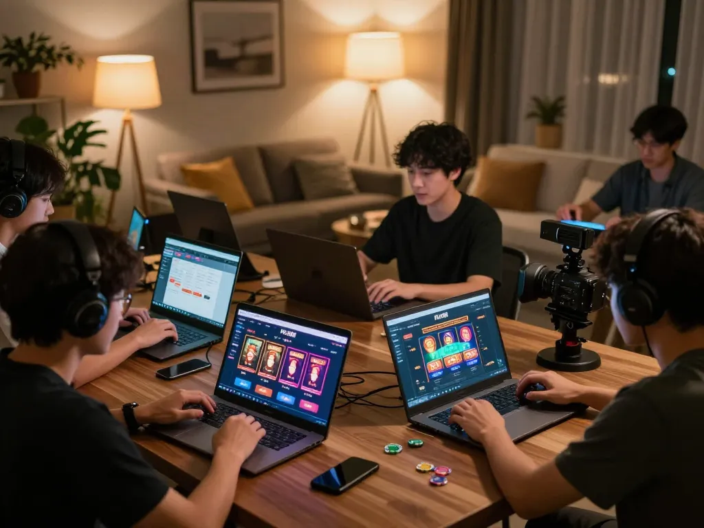 Players immerse in FLY88 online games, showcasing engaging poker and slots interface in a home setting