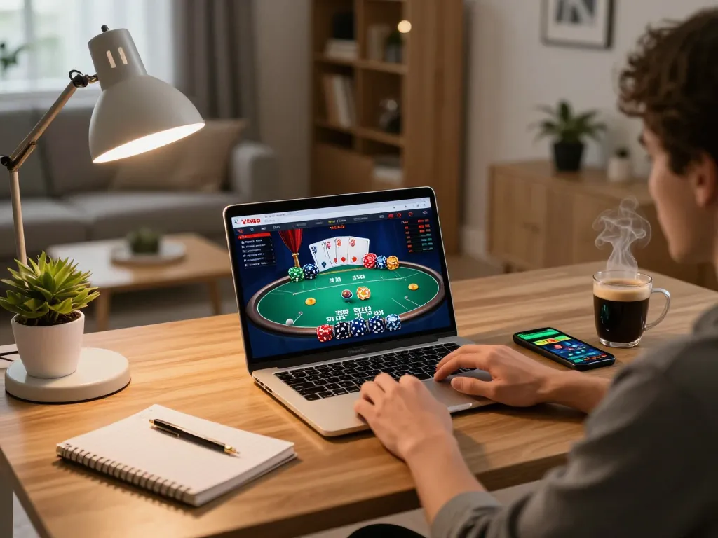 Engage with VIN88 casino games through a stylish home gaming setup featuring poker gameplay.