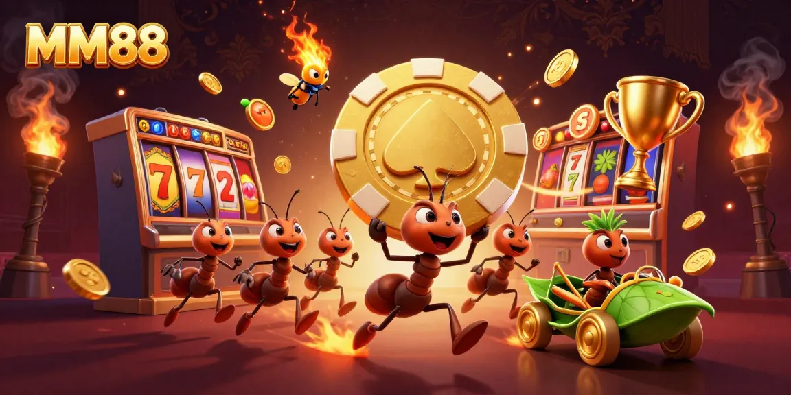 Ants racing for the jackpot in a massive heist scene showcasing MM88 with vibrant casino elements.