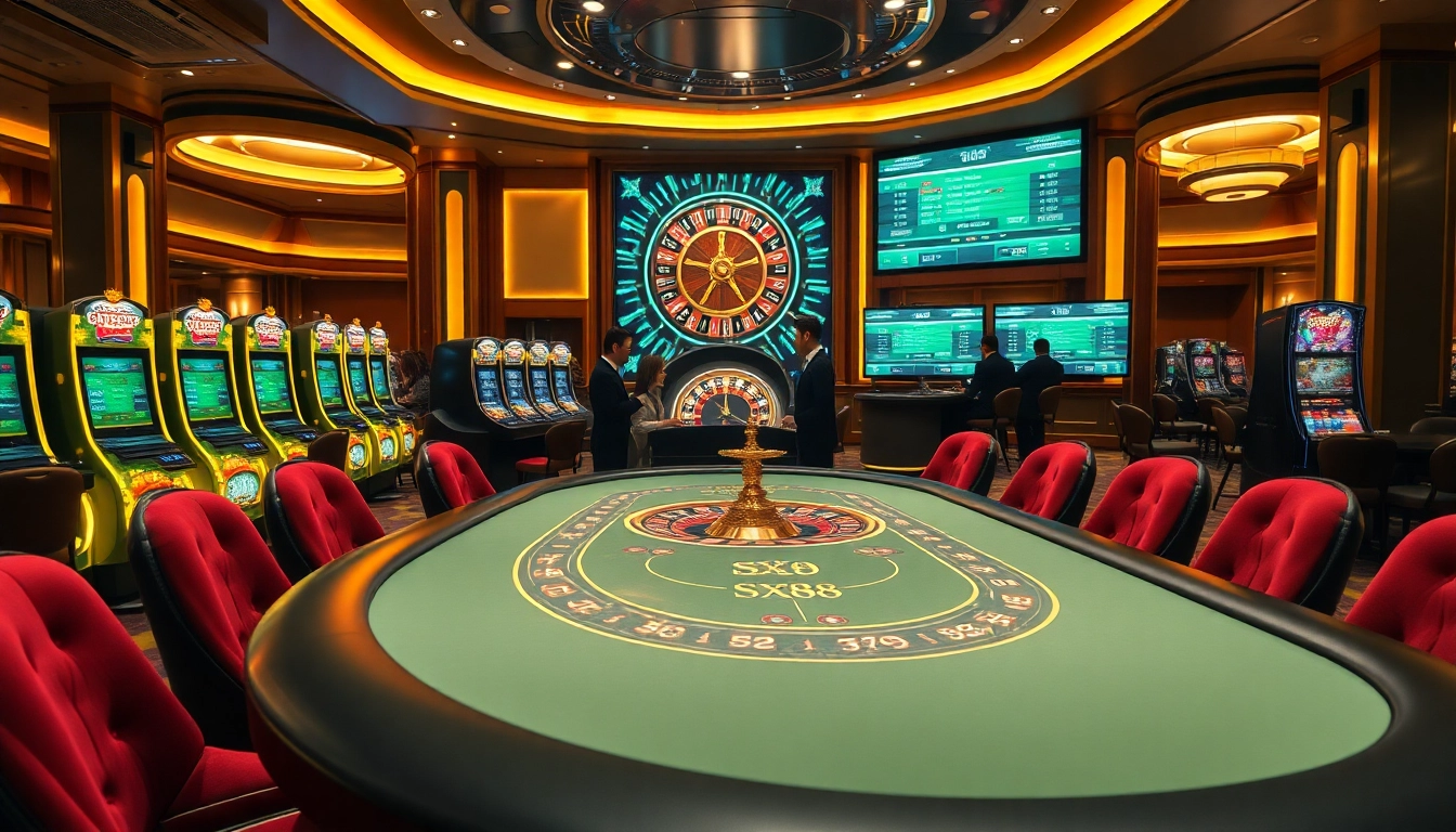 SX88 gaming table in a luxurious casino atmosphere with dynamic roulette wheel and vibrant slot machines.