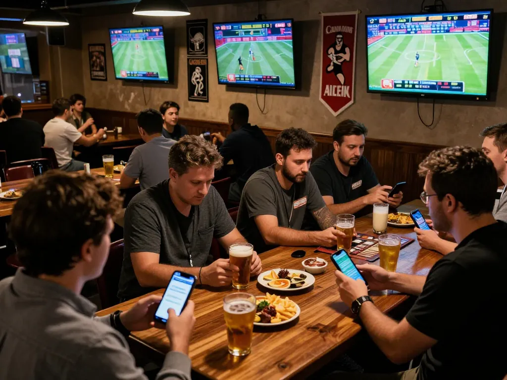 Fun79 sports bettors engaging with apps for strategic wagers during live events.
