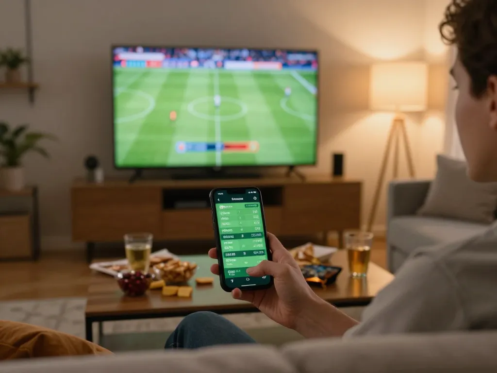 Kết quả bóng đá displayed live on smartphone while sports fan enjoys watching the game from home