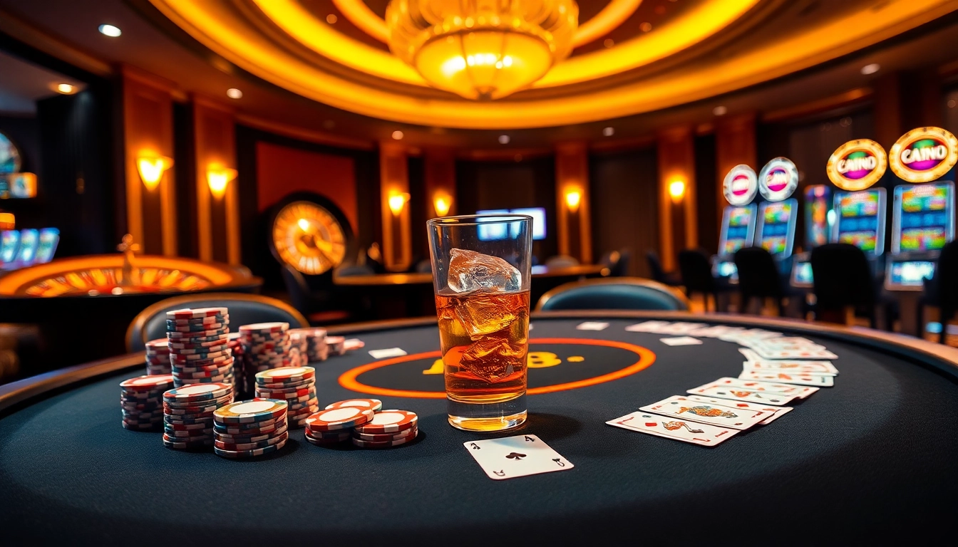Exciting gambling event at F168 Casino with poker table, chips, and cards in a luxurious setting.
