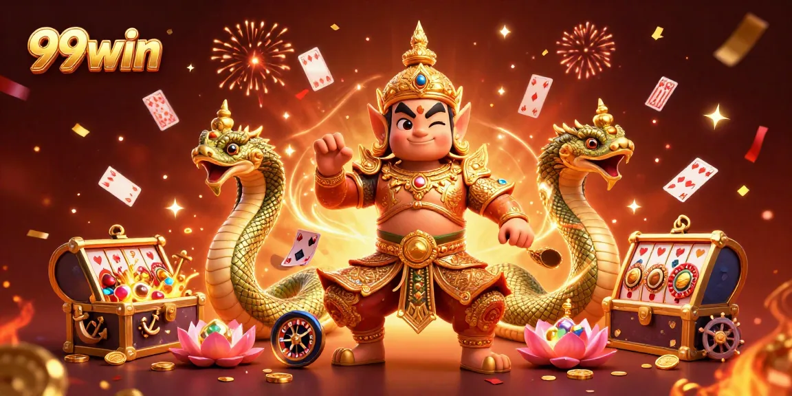 99win showcases thrilling casino excitement with vibrant characters and gaming elements dynamically interacting.