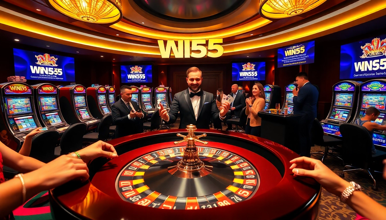 Experience the thrill of live casino gaming at Win55, featuring roulette and poker tables.