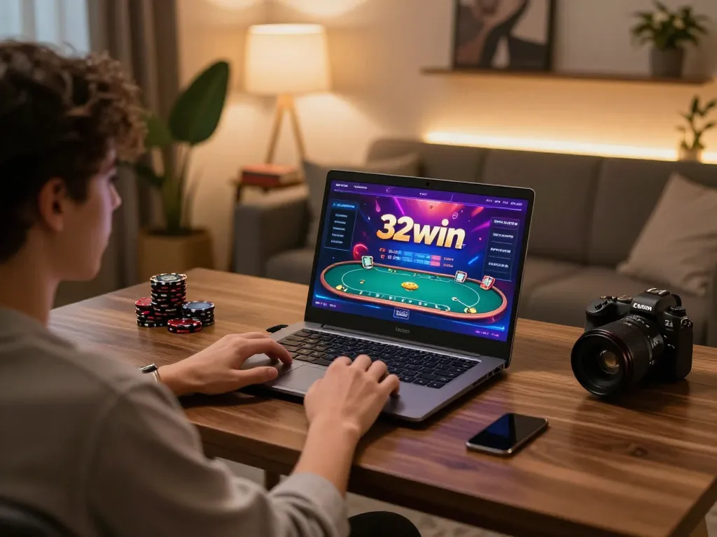 Player engaging with 32win poker interface on laptop in cozy gaming setup
