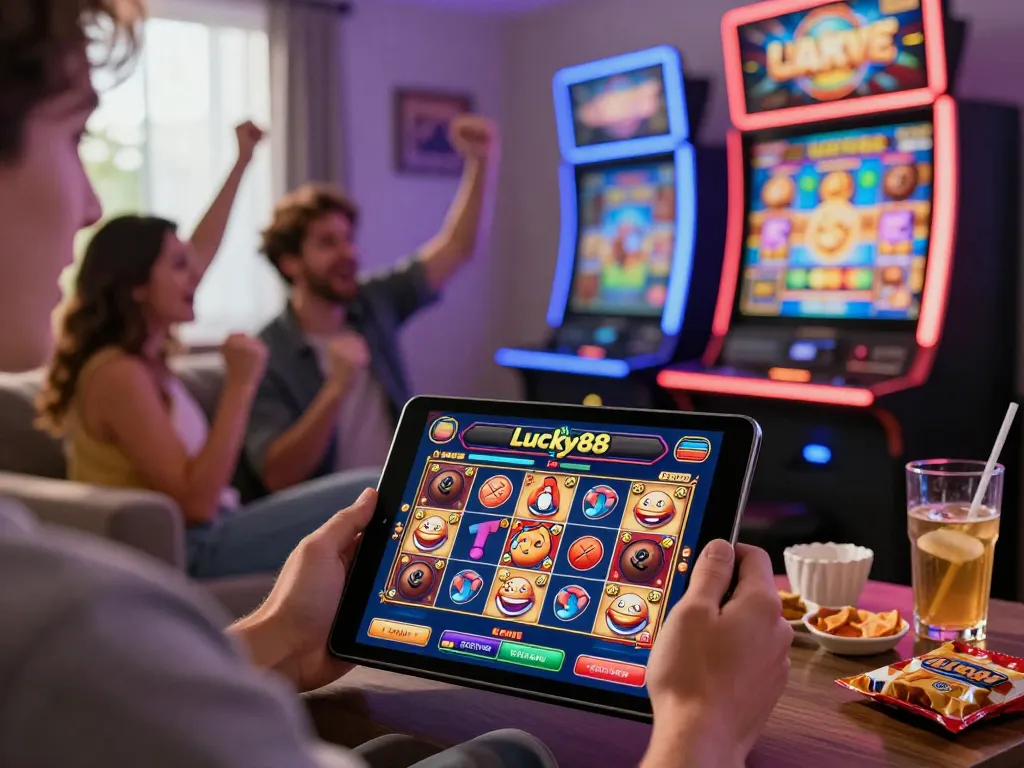 Player enjoying App Lucky88 with vibrant slot machines in a cozy setting.