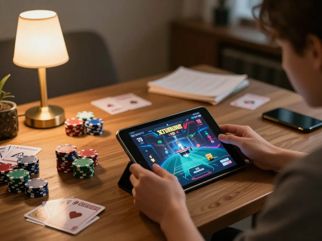 Engaging in online gaming with fun79 login on tablet during cozy home session.