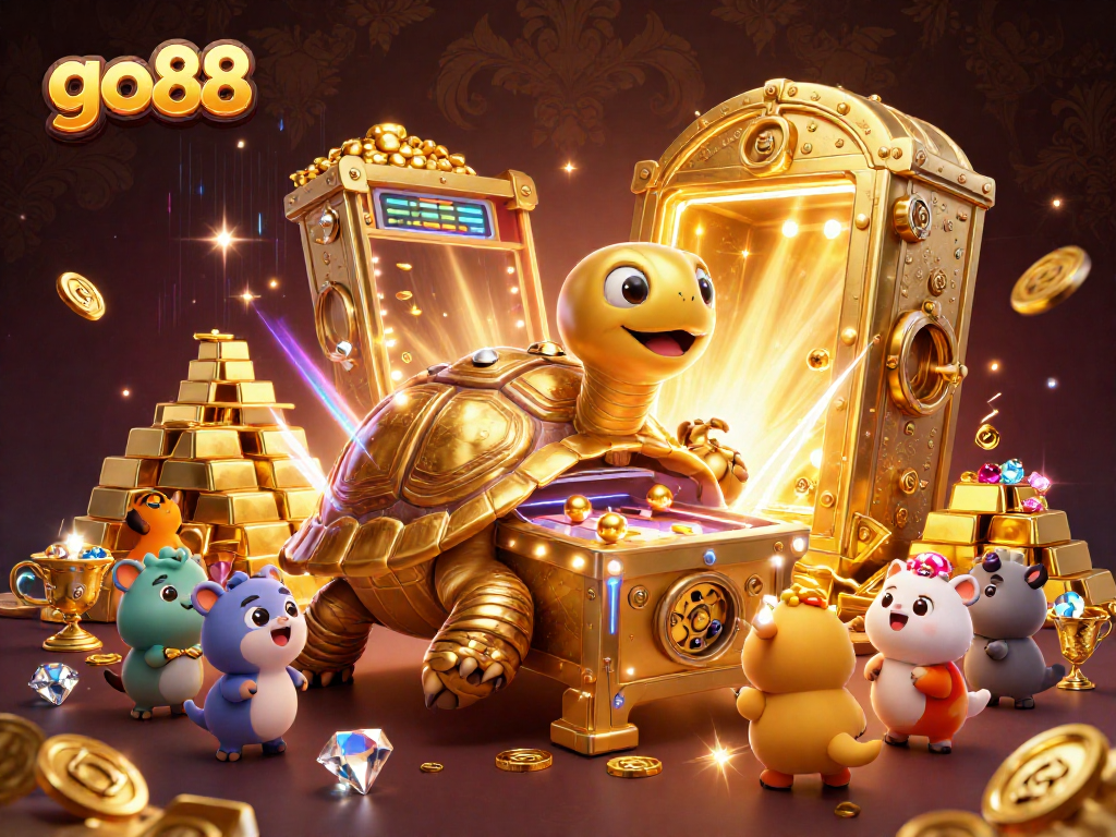 Experience the excitement at go88 with a vibrant scene of a colossal golden tortoise pinball machine.