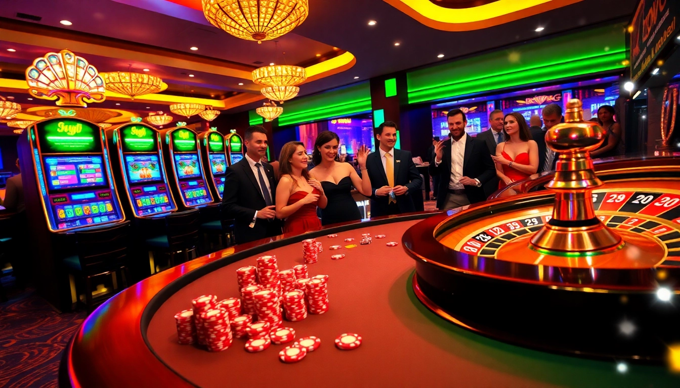 LuckyWin casino scene featuring vibrant gaming tables and enthusiastic players.
