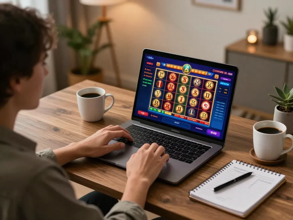 vu88 player engaging in online casino gaming during cozy session with strategic notes and laptop