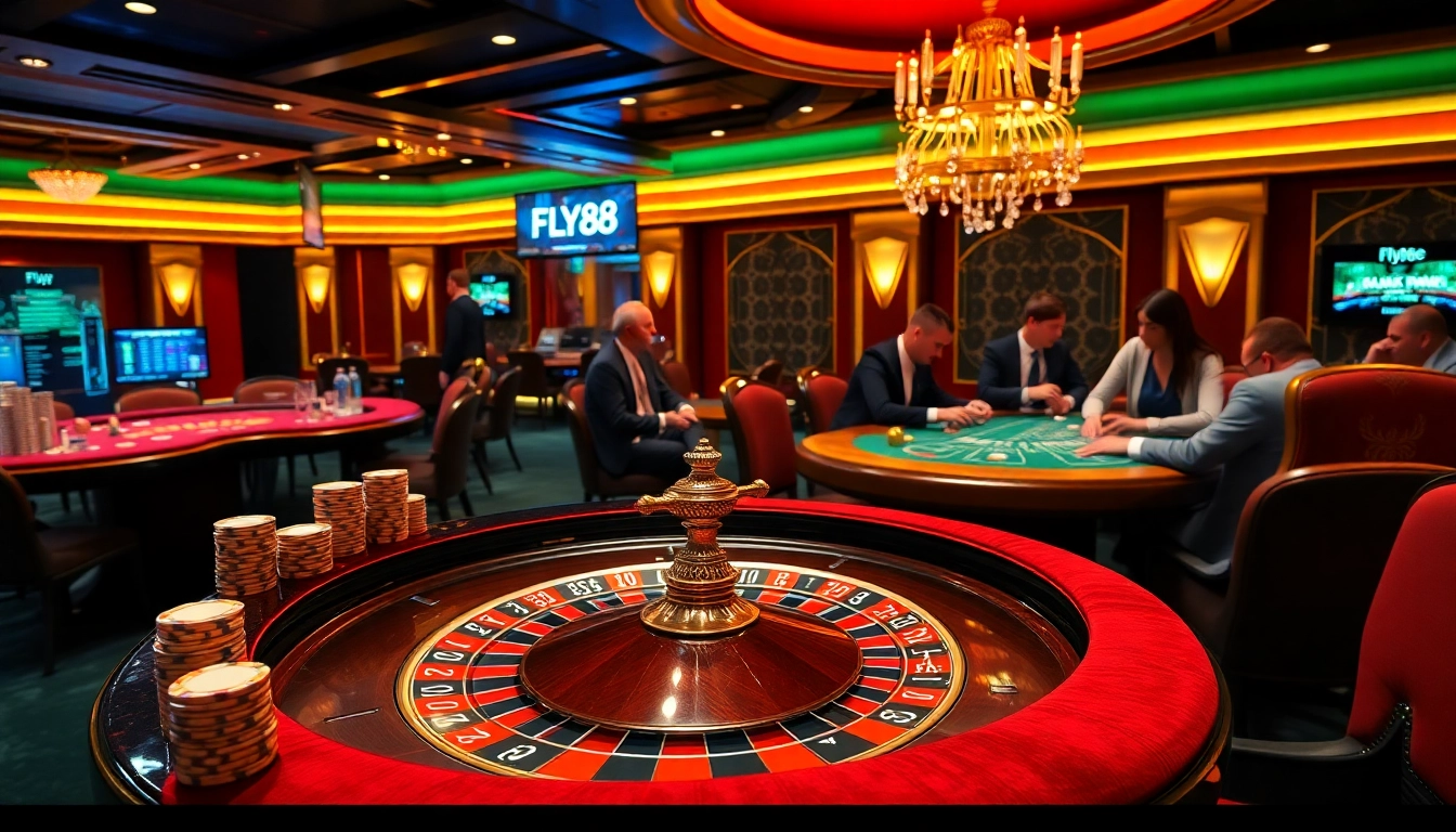 Exciting gambling scene with FLY88 elements showcasing roulette, poker chips, and celebrating players.