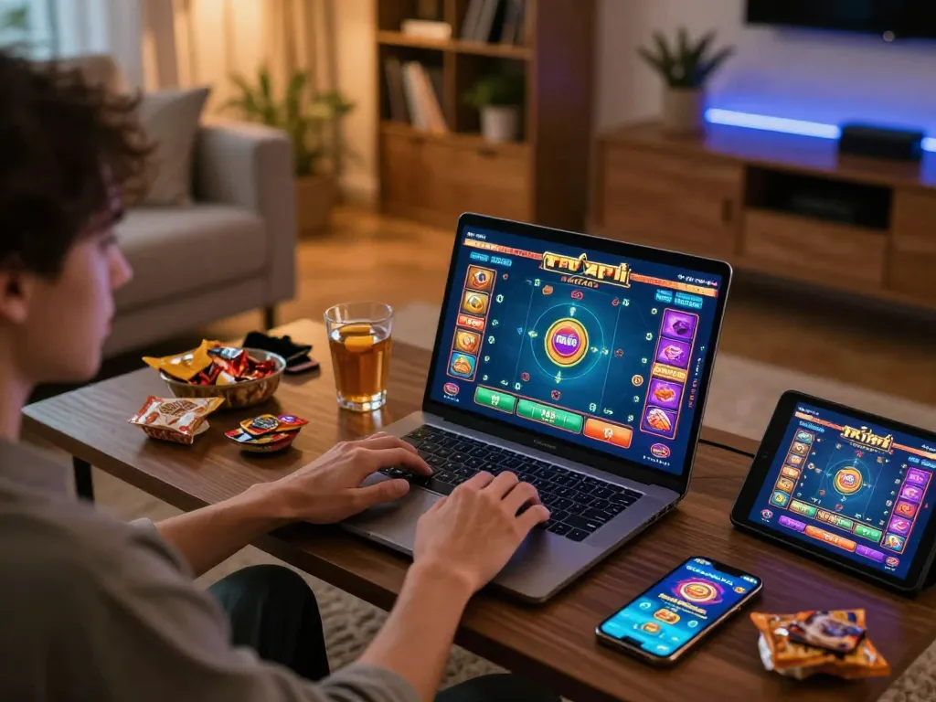 Engaging in tài xỉu online gaming at home with a laptop and vibrant graphics, showcasing a fun and responsible gambling environment.